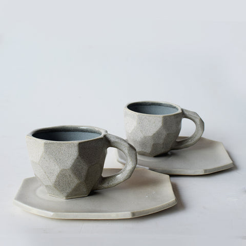 Facetted cup and saucer Speckled Grey- Pair