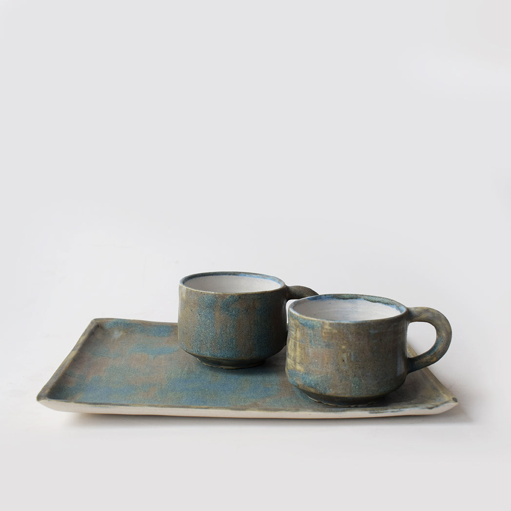 Smoked Blue Teacups Short round and Tray Set