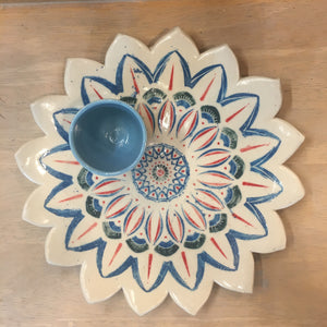 Handpainted Mandala snack platter 8" and dip bowl set
